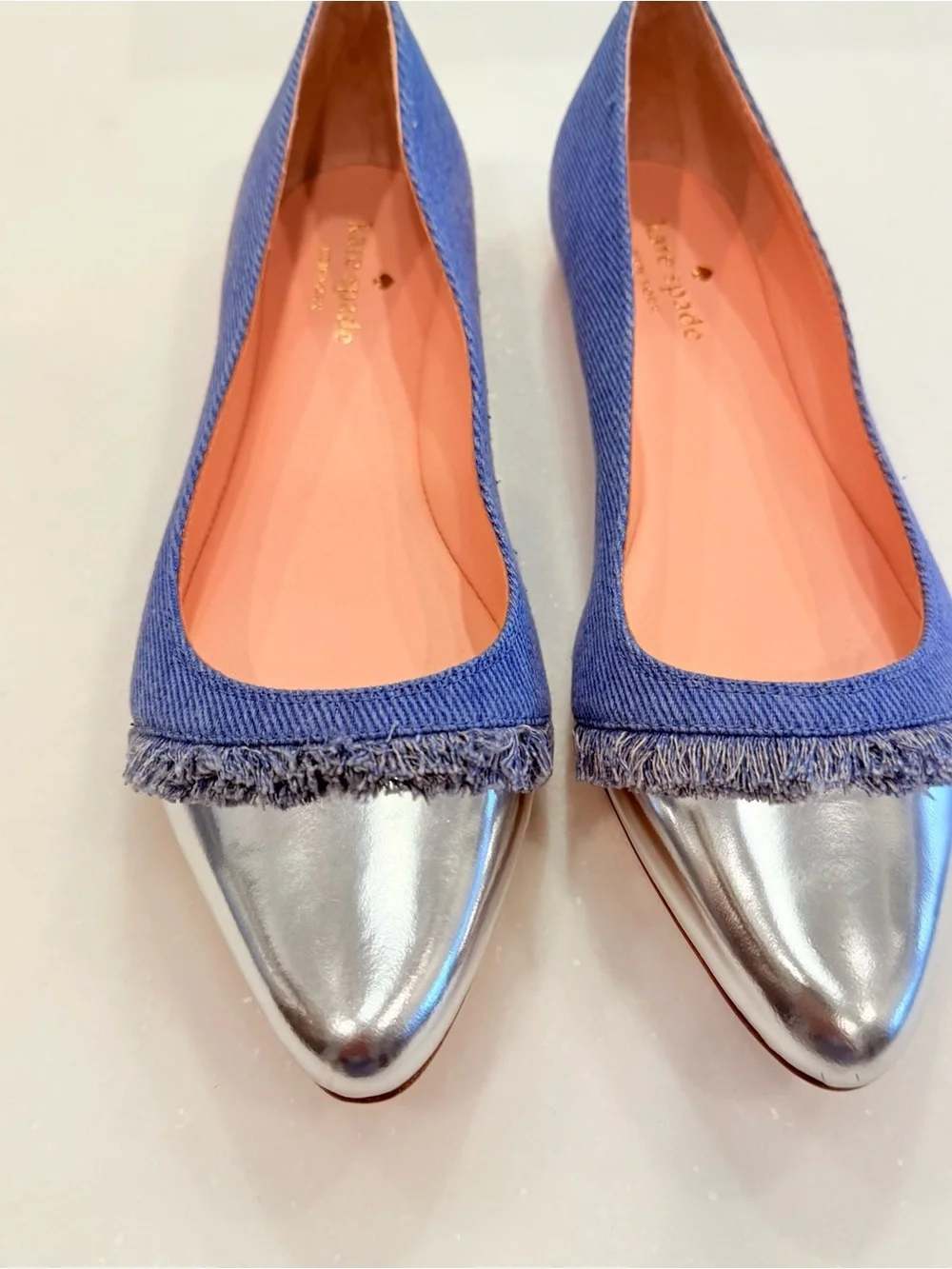 Kate Spade New York Nelly Flats Washed Denim Metallic Silver Sz 8.5 NIB
